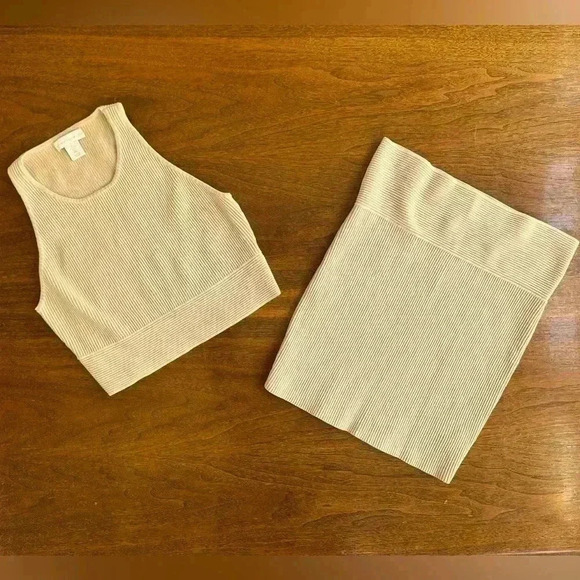 House Of Harlowe 1960 Tan Ribbed Knit Skirt And Top Set Size Large EUC! - Picture 4 of 11